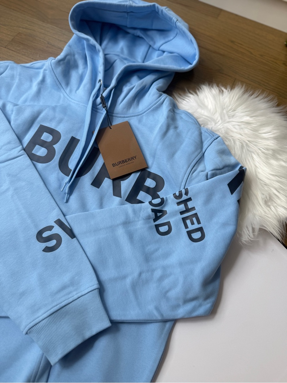 Burberry Horseferry Light Blue Zip-Up Hoodie with Black Logo NEW XXL Oversize